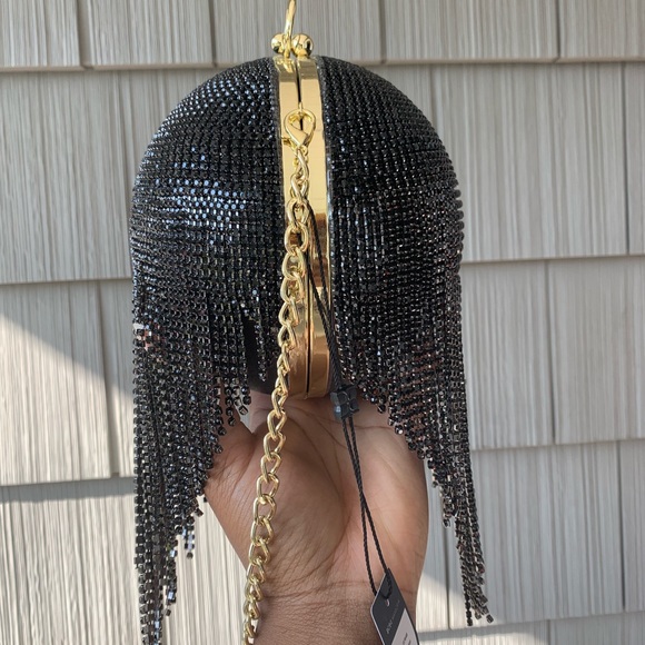 UNIQUE Black Rhinestone Fringe Ball Clutch Bag - Picture 5 of 13